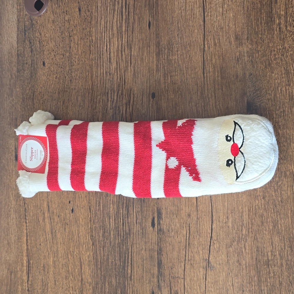 House Slipper Socks Charter Club Women's Santa Striped Fleece Lined Size L/XL